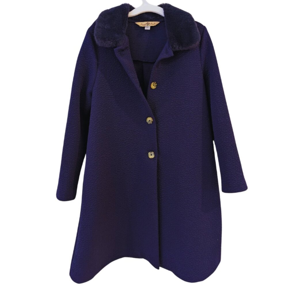 Purple Rose - Girls Navy Blue Faux Fur Trim Dress Coat - Size 8